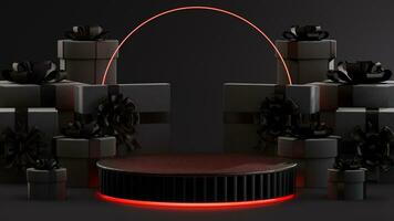 3D rendering podium for black friday sale. realistic 3d design stage podium, round studio, gold neon lights, gift box black, red bow, shopping bag, big percent label discount. photo