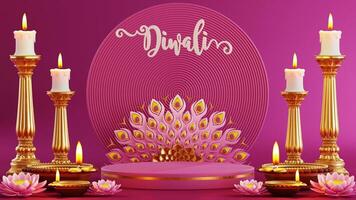 3D rendering  podium for diwali festival Diwali, Deepavali or Dipavali the festival of lights india with gold diya on podium, product, promotion sale, presentation pedestal 3d rendering on background photo