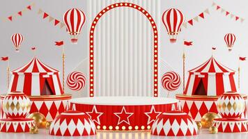 3D rendering for amusement park, circus, carnival fair theme podium with many rides and shops circus tent 3d illustration photo