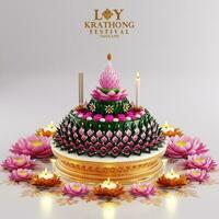 3d representación ilustración loy krathong festival y yi peng festival en Tailandia krathong desde plátano hojas, flores, velas y incienso palos, Luna llena, río, y noche antecedentes color. foto