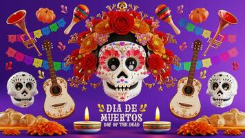 3d rendering illustration for Day of the Dead, Dia de muertos altar concept. Composition of cute sugar skulls, white candles, marigold flowers of the dead. 3d illustration. photo
