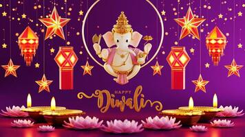 3D rendering for diwali festival Diwali, Deepavali or Dipavali the festival of lights india with gold diya patterned on color Background. photo