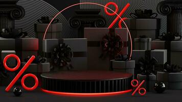 3D rendering podium for black friday sale. realistic 3d design stage podium, round studio, gold neon lights, gift box black, red bow, shopping bag, big percent label discount. photo