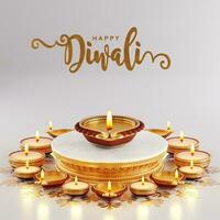 3d representación para diwali festival Día de la Independencia, deepavali o dipavali el festival de luces India con oro diya estampado en color antecedentes. foto