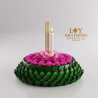 3d representación ilustración loy krathong festival y yi peng festival en Tailandia krathong desde plátano hojas, flores, velas y incienso palos, Luna llena, río, y noche antecedentes color. foto