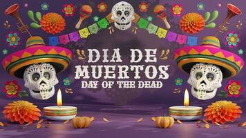 3d rendering illustration for Day of the Dead, Dia de muertos altar concept. Composition of cute sugar skulls, white candles, marigold flowers of the dead. 3d illustration. photo