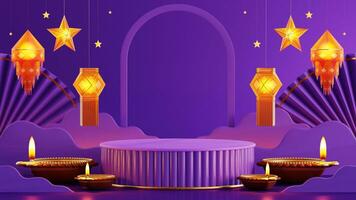 3D rendering  podium for diwali festival Diwali, Deepavali or Dipavali the festival of lights india with gold diya on podium, product, promotion sale, presentation pedestal 3d rendering on background photo