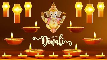 3D rendering for diwali festival Diwali, Deepavali or Dipavali the festival of lights india with gold diya patterned on color Background. photo