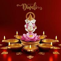 3D rendering for diwali festival Diwali, Deepavali or Dipavali the festival of lights india with gold diya patterned on color Background. photo