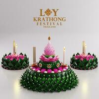 3d representación ilustración loy krathong festival y yi peng festival en Tailandia krathong desde plátano hojas, flores, velas y incienso palos, Luna llena, río, y noche antecedentes color. foto