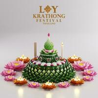 3d representación ilustración loy krathong festival y yi peng festival en Tailandia krathong desde plátano hojas, flores, velas y incienso palos, Luna llena, río, y noche antecedentes color. foto