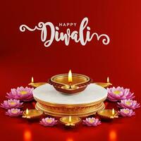 3D rendering for diwali festival Diwali, Deepavali or Dipavali the festival of lights india with gold diya patterned on color Background. photo