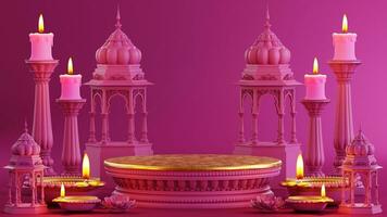 3D rendering  podium for diwali festival Diwali, Deepavali or Dipavali the festival of lights india with gold diya on podium, product, promotion sale, presentation pedestal 3d rendering on background photo