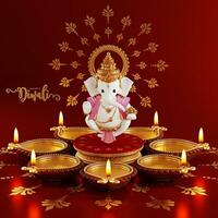 3D rendering for diwali festival Diwali, Deepavali or Dipavali the festival of lights india with gold diya patterned on color Background. photo