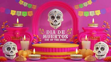 3d rendering illustration for Day of the Dead, Dia de muertos altar concept. Composition of cute sugar skulls, white candles, marigold flowers of the dead. 3d illustration. photo