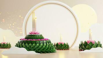 3d rendering illustration Loy Krathong festival  and Yi Peng festival in thailand  krathong from banana leaves, flowers, candles and incense sticks, fullmoon, river, and night background color. photo