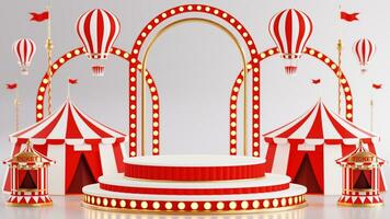 3d representación para diversión parque, circo, carnaval justa tema podio con muchos paseos y tiendas circo tienda 3d ilustración foto