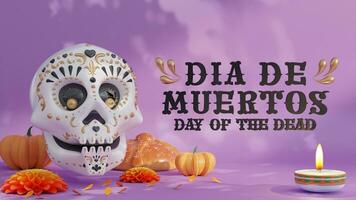 3d rendering illustration for Day of the Dead, Dia de muertos altar concept. Composition of cute sugar skulls, white candles, marigold flowers of the dead. 3d illustration. photo