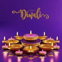 3D rendering for diwali festival Diwali, Deepavali or Dipavali the festival of lights india with gold diya patterned on color Background. photo