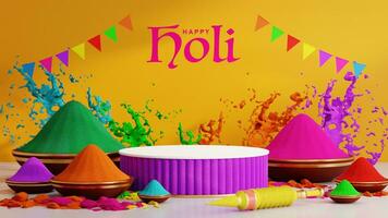 3d rendering illustration for podium holi festival of colors  colorful gulaal powder colorgulal shooter gun, indian festival photo