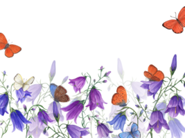 Watercolor floral horizontal border with bells and flying butterflies. Perfect for wallpaper, card, textile, scrapbooking, wedding invitation. png