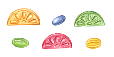 Multicolored caramel in the form of fruit slices. Bonbons, candy, lollipops, sugar, sweet, drop. Watercolor illustration for candy shop, store, postcard, decoration, templates png