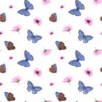 Flying Blue Butterflies and Pink Blooming Anemone. Scarce Copper Butterfly, Spring Flower. Watercolor seamless pattern. For textile, scrapbooking, wrapping. png