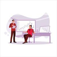 The businessman and his colleague are promoting stock online, discussing the stock market concept in the trader's office. Trend Modern vector flat illustration