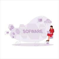 Software developers concept. Female worker programming software with her laptop. Trend Modern vector flat illustration