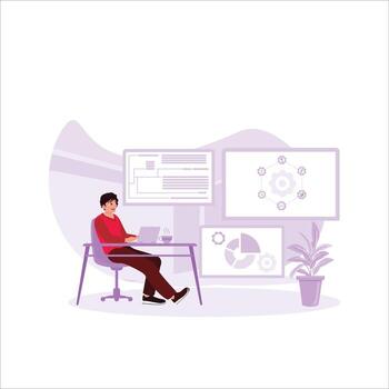 Software developers concept. Male programmer working on laptop in office. Trend Modern vector flat illustration