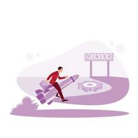 Businessman using rocket towards the finish line. Running a fast job career promotion competition to number one. Trend Modern vector flat illustration