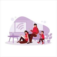 families who always use cell phones or gadgets at home. Internet Addiction concept. Trend Modern vector flat illustration