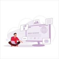 A businessman designs a web page with his laptop screen, a Web design concept. Trend Modern vector flat illustration