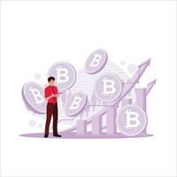 Bitcoin hovers above the chart in front of a stock trader. Investment money. Trend Modern vector flat illustration