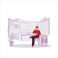 A developer is considering coding an information technology website for a mobile app. Man with website coding screen.Trend Modern vector flat illustration