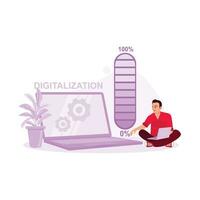 The concept of the digital world with the word digitalization. The man is sitting beside a big laptop with digitization written on it. Trend Modern vector flat illustration