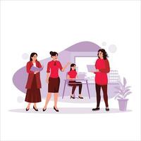 Happy business women are discussing and working together in the office, Office work concept. Trend Modern vector flat illustration