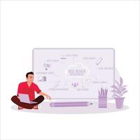 Man making web design and development charts with keywords and icons using his laptop, Web design concept. Trend Modern vector flat illustration