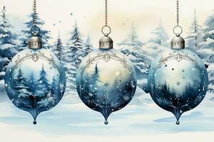 Delicate watercolor Christmas ornaments nestled among snowy winter landscapes photo