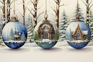 Delicate watercolor Christmas ornaments nestled among snowy winter landscapes photo