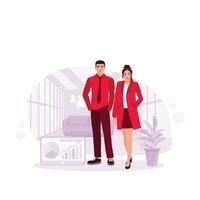 two business colleagues standing in front of his work office. Various happy business people are posing together. Trend Modern vector flat illustration