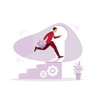 A successful businessman climbs a ladder with a door like a keyhole while running. The concept with a key to success illustration. Trend Modern vector flat illustration