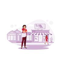 A young woman who is thinking about something while in front of a shoe store. Trend Modern vector flat illustration.