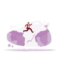A businessman jumps over a chasm. Determination and courage to overcome obstacles and achieve business success. Trend Modern vector flat illustration