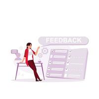 Online reviews, user experience, and customer satisfaction. Woman reviewing feedback from her customer. Trend Modern vector flat illustration