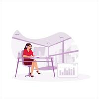 pretty manager using a desktop computer. Businesswomen manage company operations and analyze statistics. Trend Modern vector flat illustration.