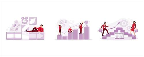Entrepreneur builds alternative route. A businessman standing on a chart ladder symbolizes a career path. Business concept development. Set Trend Modern vector flat illustration