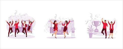 Celebrate the party with confetti. Two women jump happily, throwing confetti. Two happy employees because they won the competition. Set Trend Modern vector flat illustration