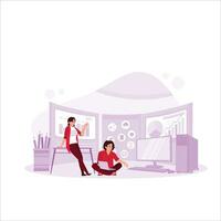 two small programmers are in front of a large computer screen. Big room. Smart young professional programmer seriously looking at a giant futuristic screen. Trend Modern vector flat illustration