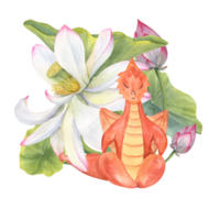 Dragon sitting in lotus pose. Meditation among blooming Water Lily. Pink Lotus flower, Bud, Leaf. Fitness exercises, yoga. Watercolor illustration for greetings, package, label. png